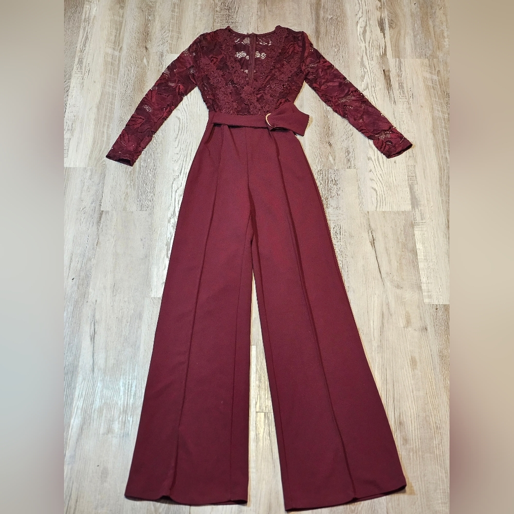 Deep V Belted Lace Jumpsuit